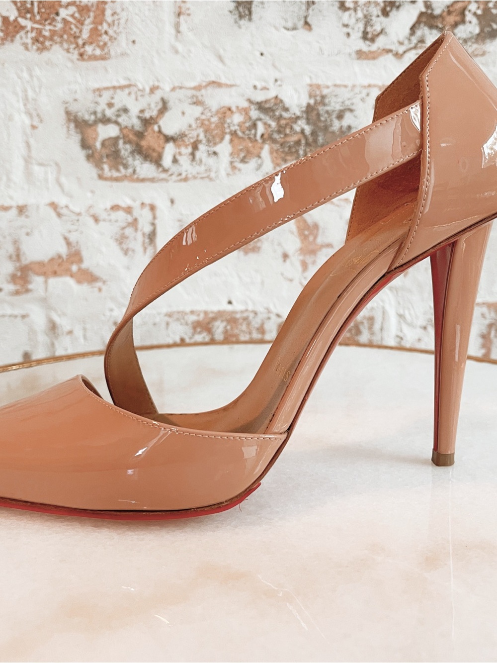 Christian Louboutin Nude Patent Leather Cross-Strap Stiletto